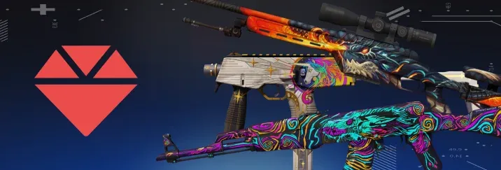 Popular CS2 Covert weapon skins displayed on a blue background.