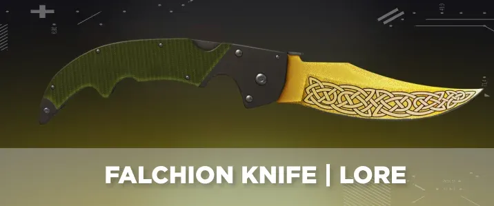 Falchion Knife Lore from CS2 displayed on a black and yellow tech background.