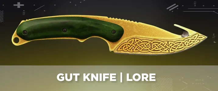 Gut Knife Lore from CS2 displayed on a black and yellow tech background.