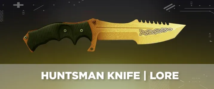Huntsman Knife Lore from CS2 displayed on a black and yellow tech background.