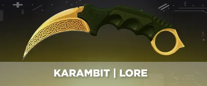 Karambit Lore from CS2 displayed on a black and yellow tech background.