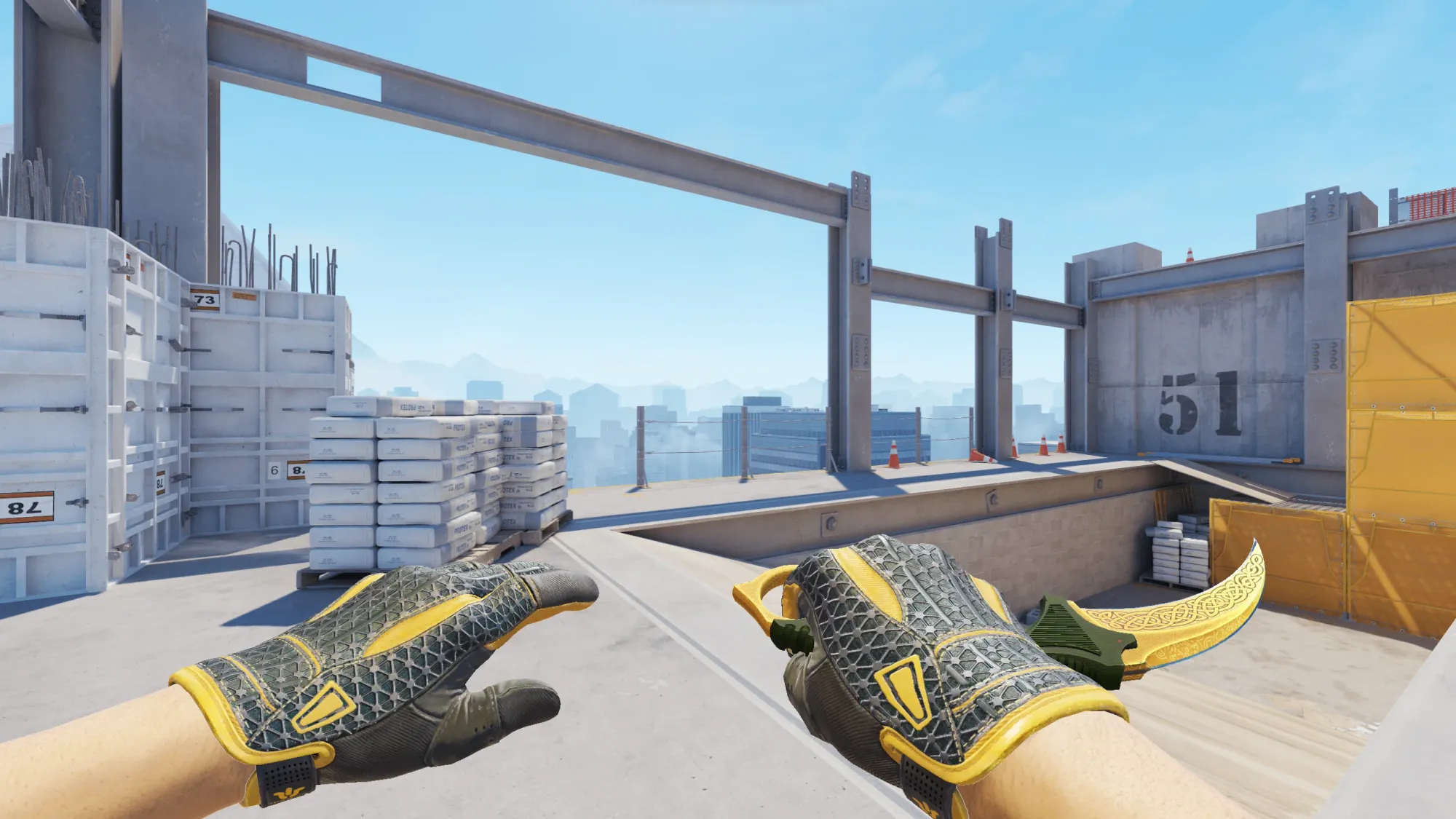 In-game image showing a CS2 knife and glove combo, highlighting the matching colors and patterns of the weapon and gloves.