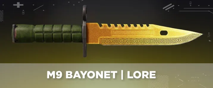 M9 Bayonet Lore from CS2 displayed on a black and yellow tech background.