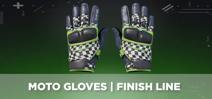 Moto Gloves Finish Line displayed on a green and black background.