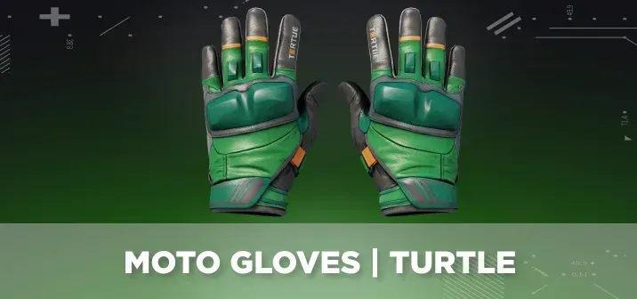 Moto Gloves Turtle displayed on a green and black background.