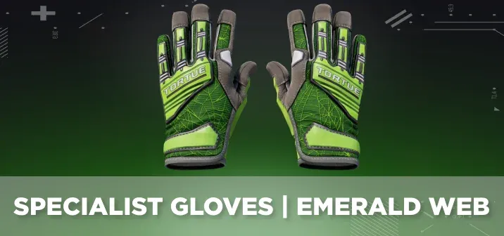 Specialist Gloves Emerald Web displayed on a green and black background.