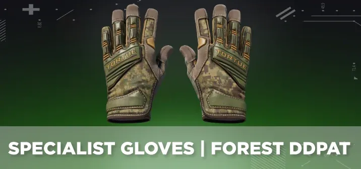 Specialist Gloves Forest DDPAT displayed on a green and black background.