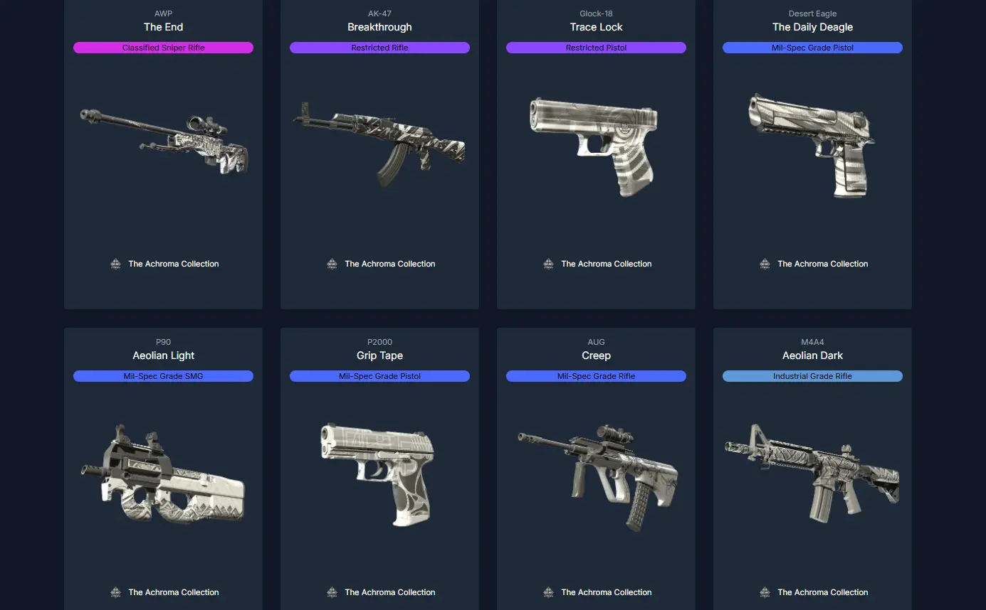 CS2 Achroma Collection skins - black and white weapon designs including The End, Breakthrough, Trace Lock, and Daily Deagle and more.