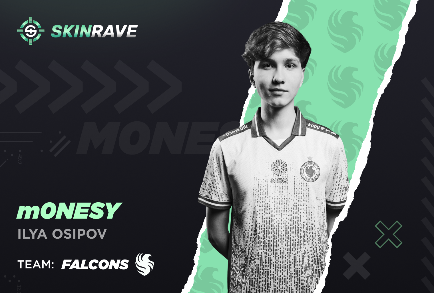 top 3 player m0NESY Ilya Osipov from team falcons on a black-green background