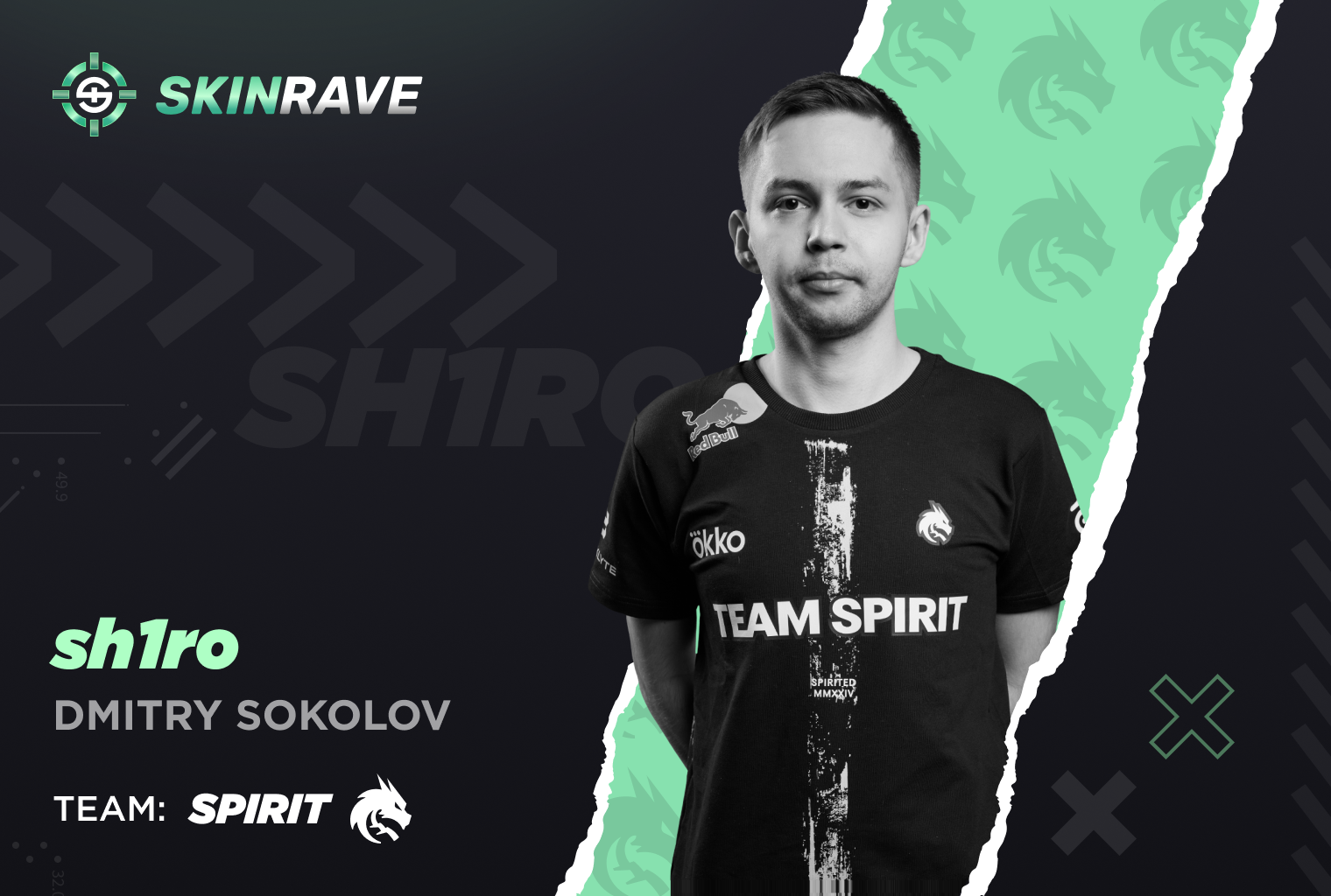 top 5 player sh1ro Dmitry Sokolov from team spirit on a black-green background