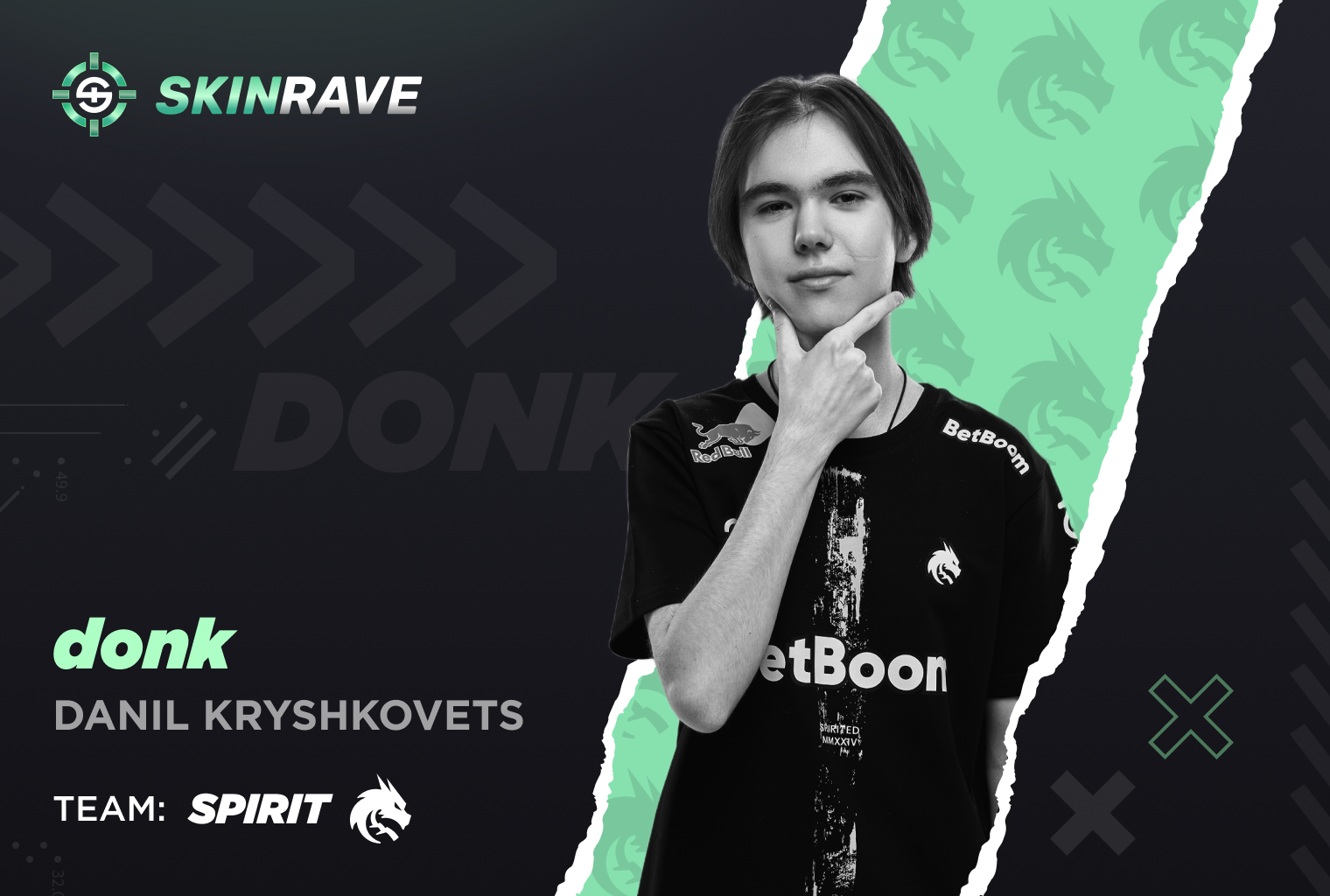 top 1 player donk Danil Kryshkovets from team spirit on a black-green background