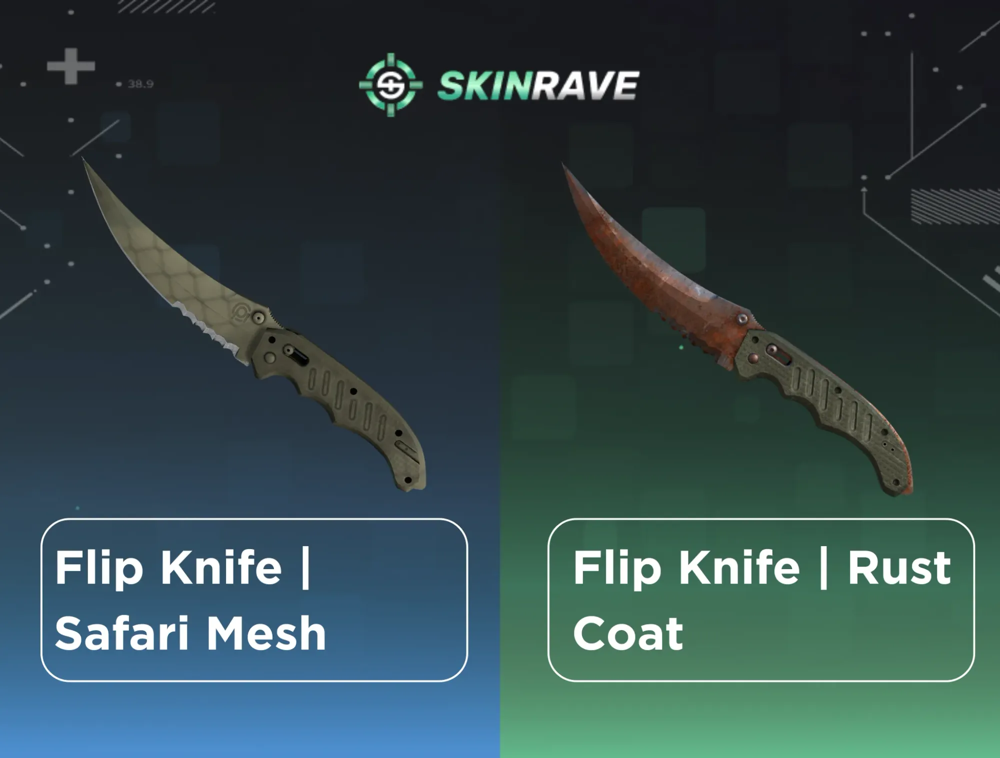 Side-by-side look at the Flip Knife in CS2, contrasting the cheap Safari Mesh skin with the unique, heavily-rusted Rust Coat skin.
