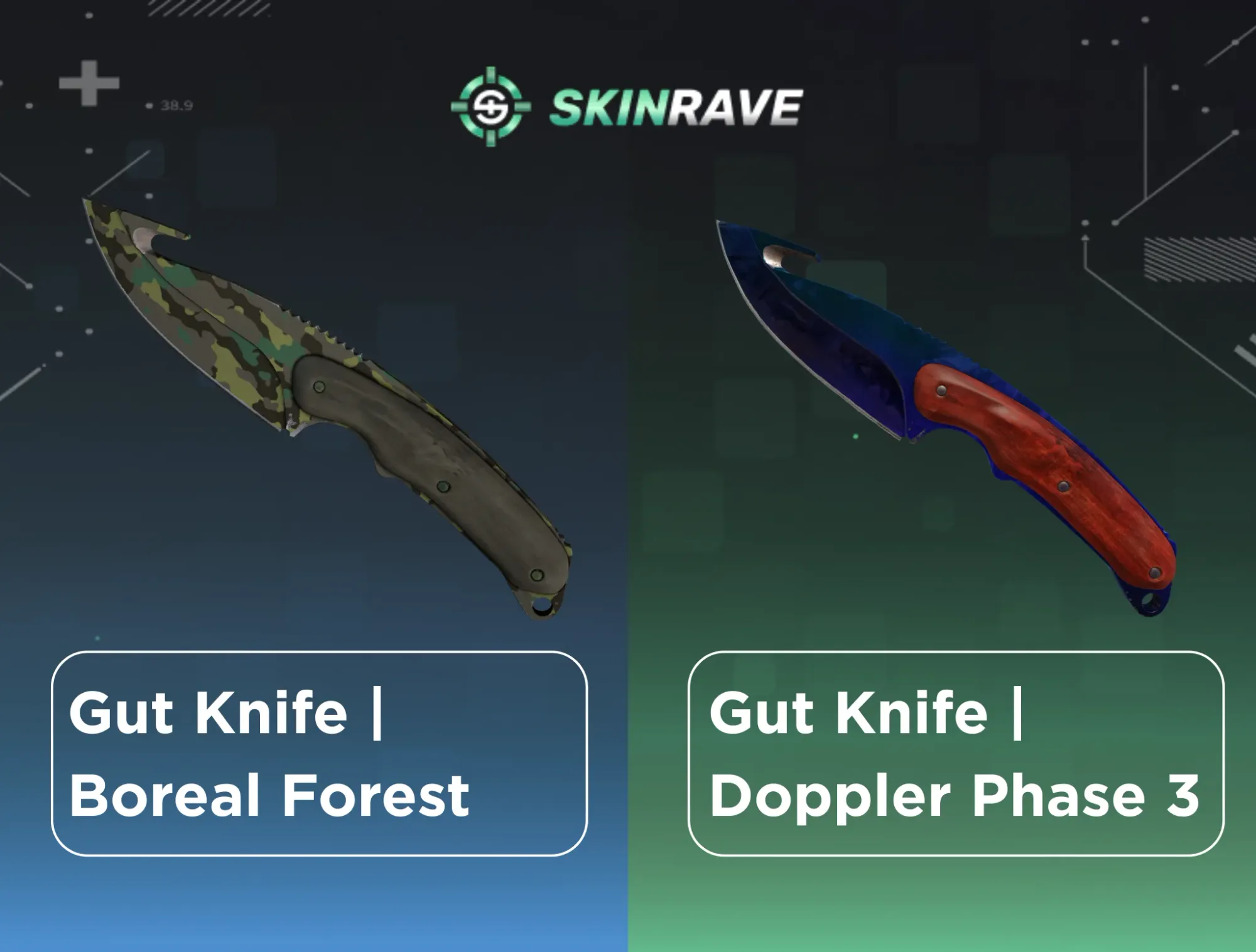 Comparison of the Gut Knife in CS2, showing the Boreal Forest camo skin priced at $83 on the left and the valuable Doppler Phase 3 skin at $205 on the right.