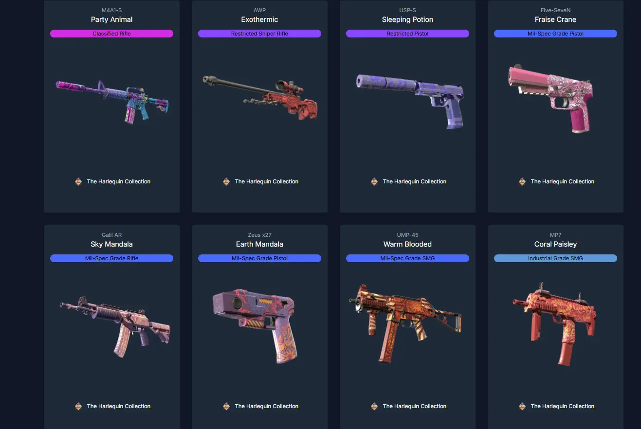 CS2 Harlequin Collection skins with its colorful purple and pink weapon designs including Party Animal, Exothermic, Sleeping Potion, and Fraise Crane that will drop in the new weekly drop