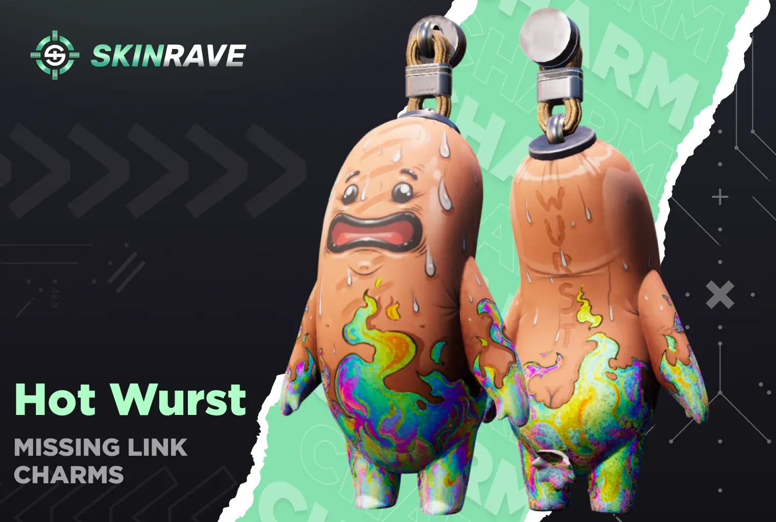 Charm | Hot Wurst a sausage on fire charm on a green-black background