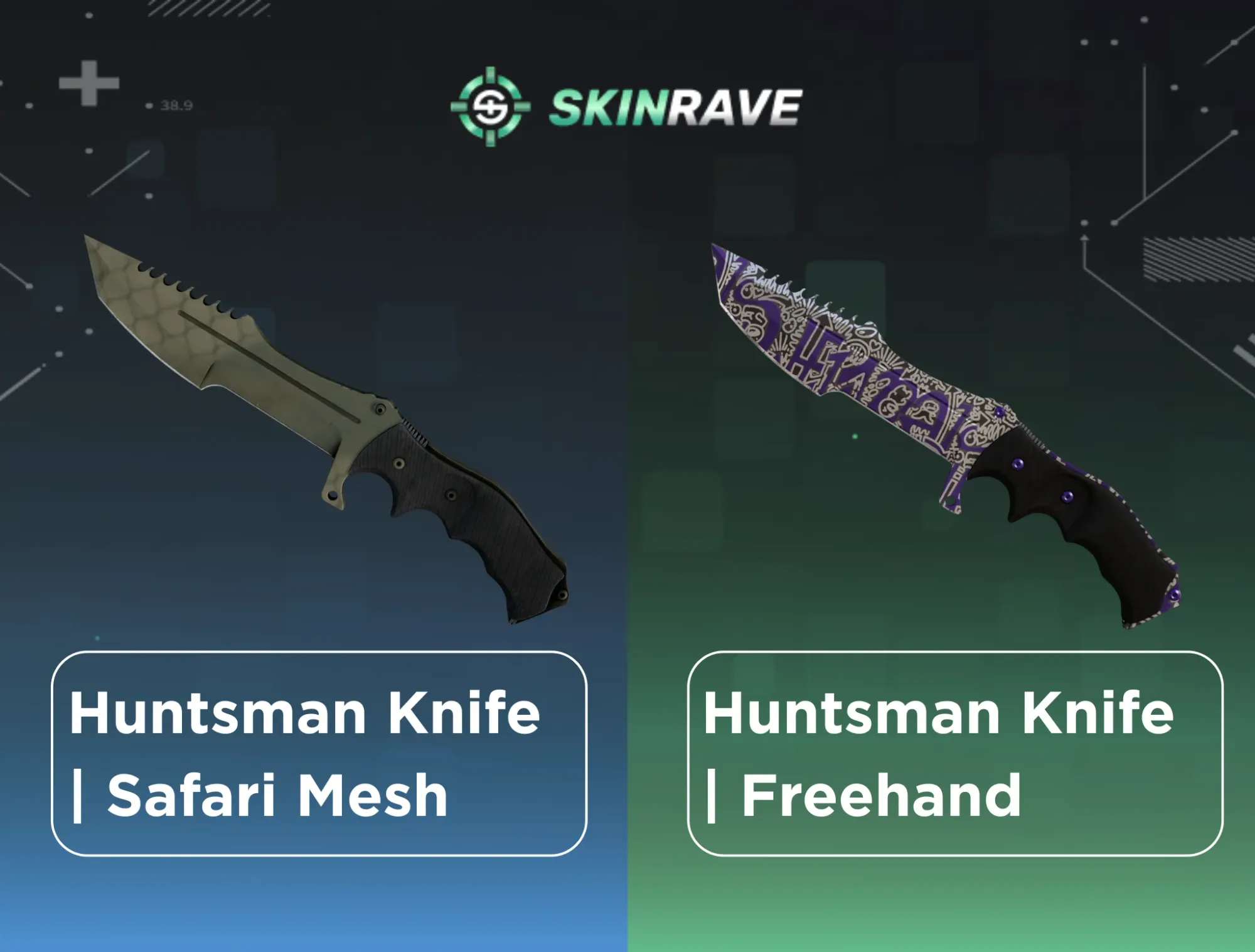 Image comparing the large Huntsman Knife in CS2, showing the plain Safari Mesh skin on the left and the stylish, purple and white Freehand skin on the right.