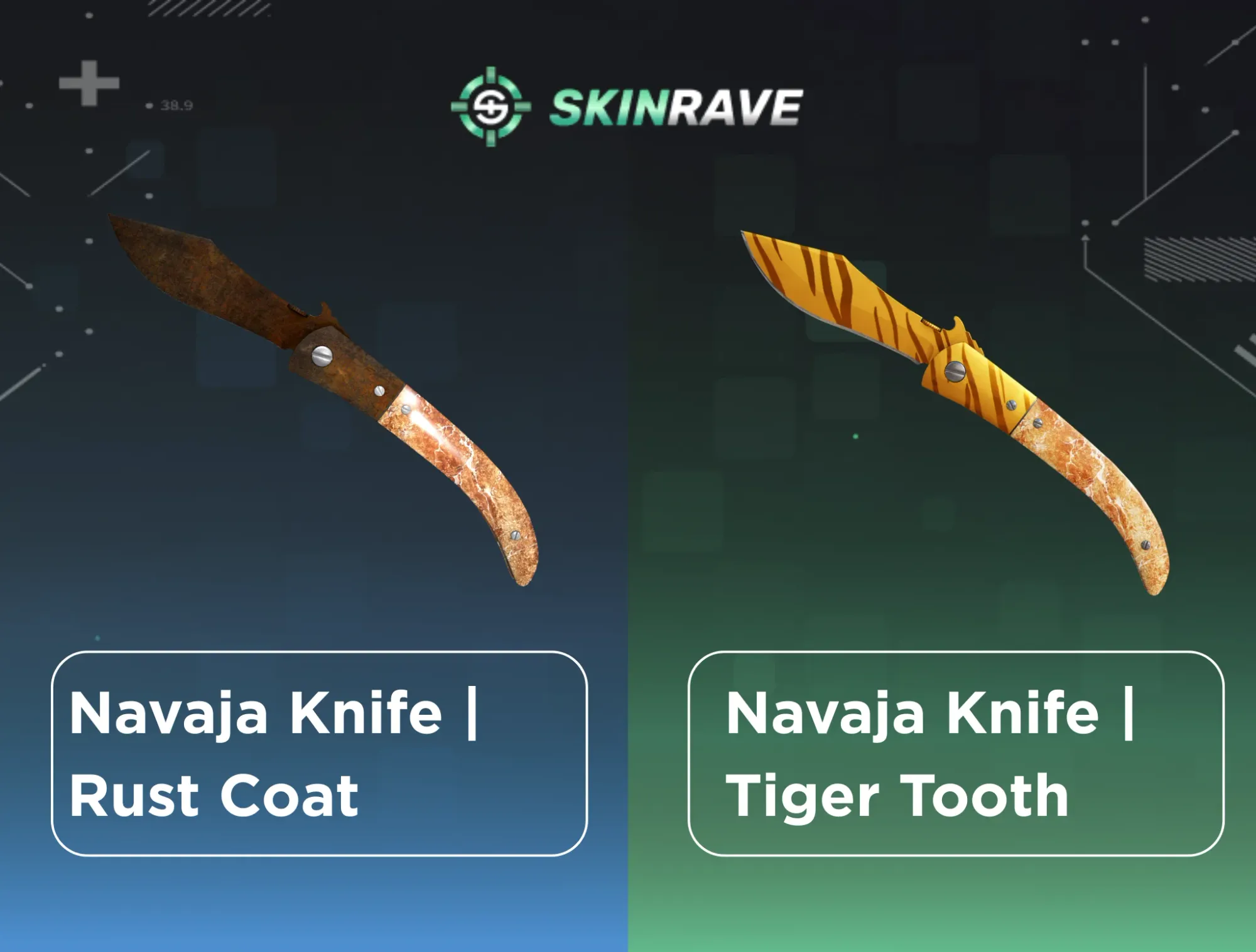 Comparison of the Navaja Knife in CS2, showing the cheap brown-grey Rust Coat skin on the left and the more vibrant Tiger Tooth skin on the right.