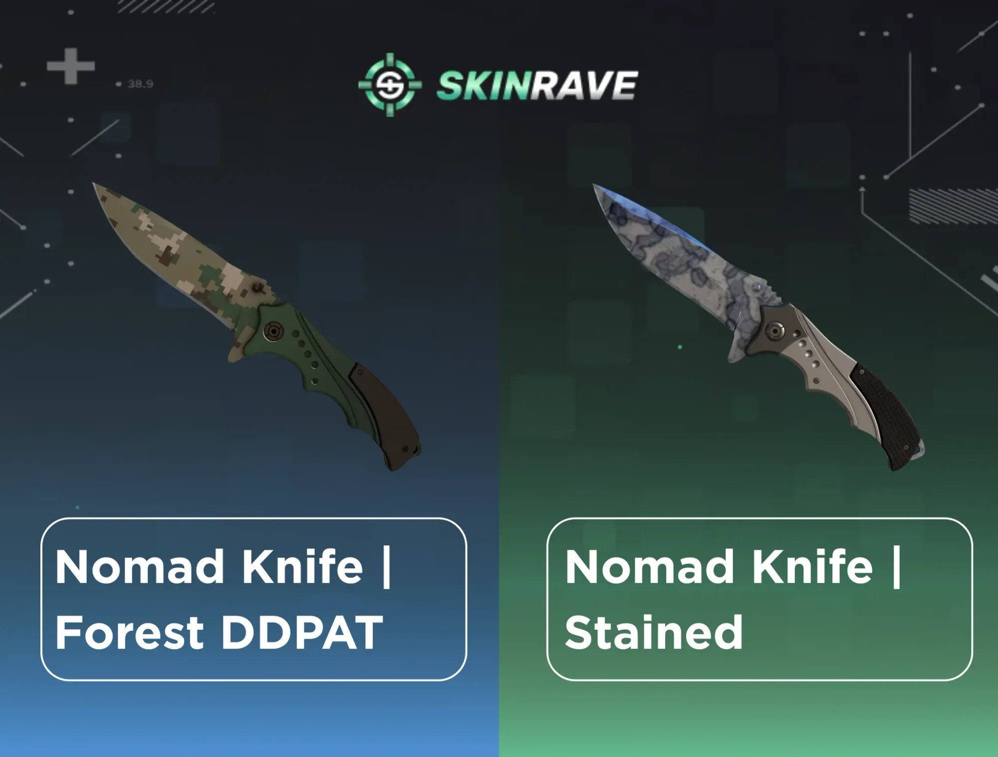Comparison of Nomad Knife skins in CS2, featuring the Forest DDPAT camo on the left and the weathered, discolored Stained finish on the right.