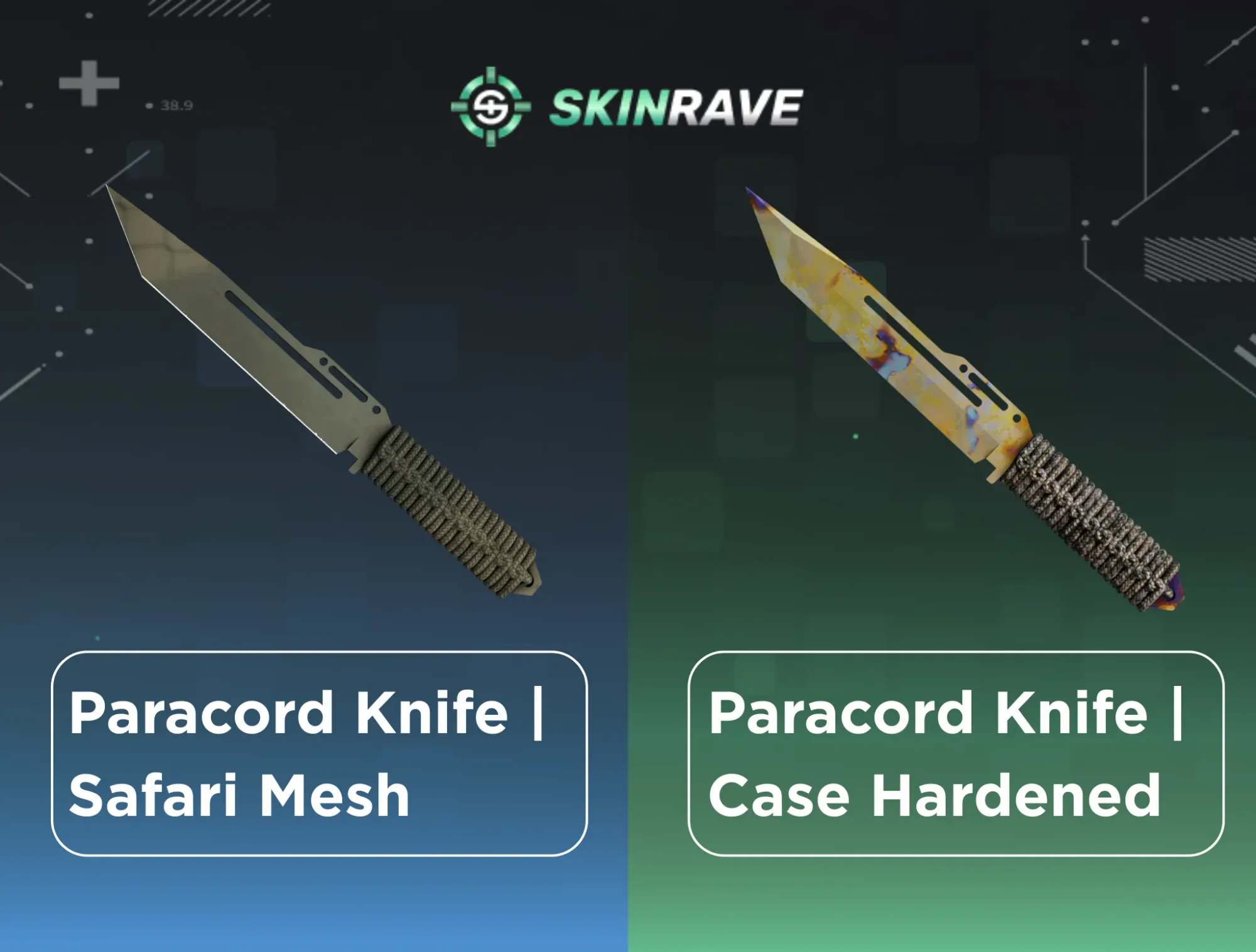 CS2 Paracord Knife comparison, featuring the Safari Mesh skin on the left and the colorful, blue and gold Case Hardened skin on the right.