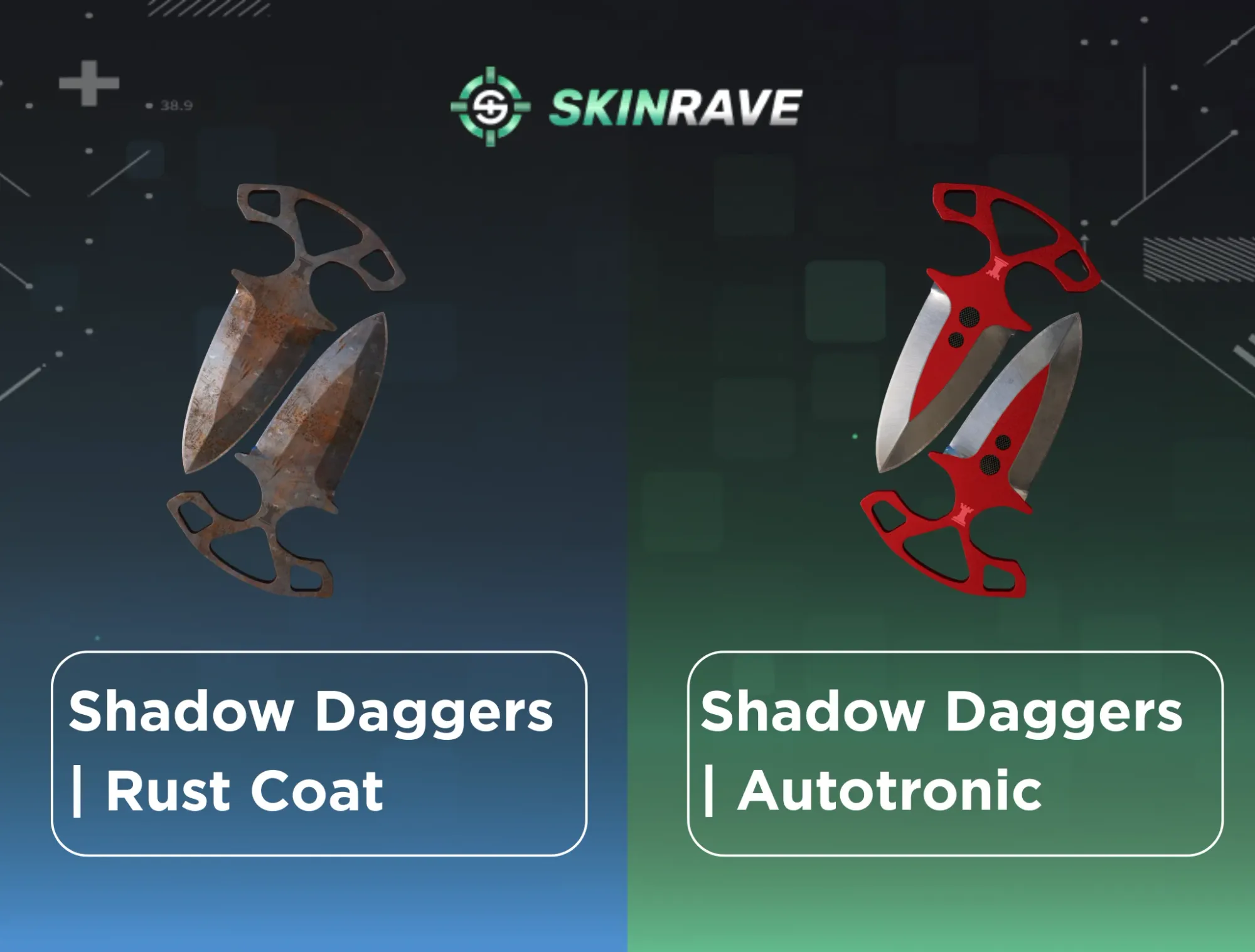 An image comparing two Shadow Daggers finishes in CS2: the weathered Rust Coat on the left and the clean, red and silver Autotronic skin on the right.