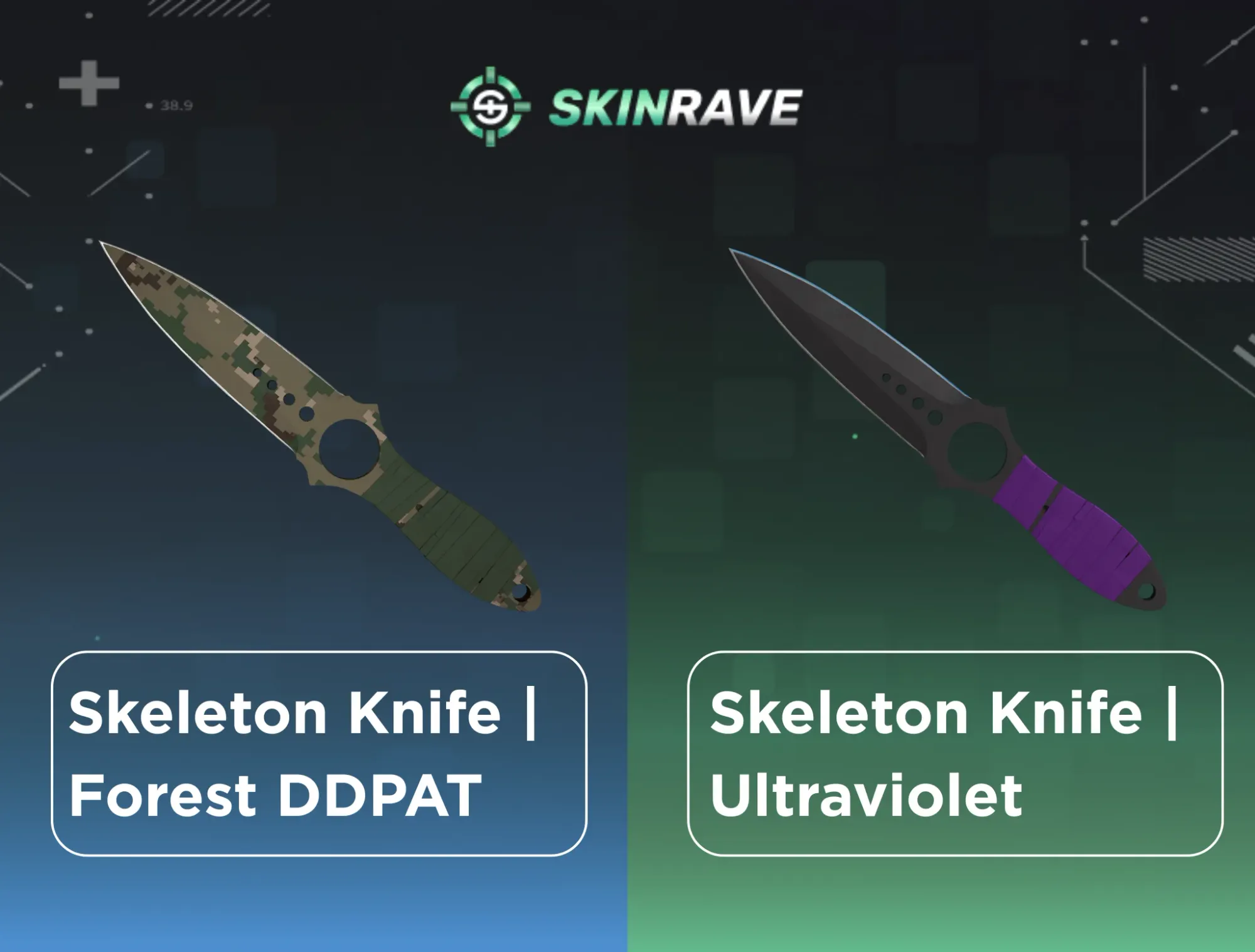CS2 Skeleton Knife comparison image. On the left is the Forest DDPAT camo, and on the right is the popular Ultraviolet skin with its black blade.