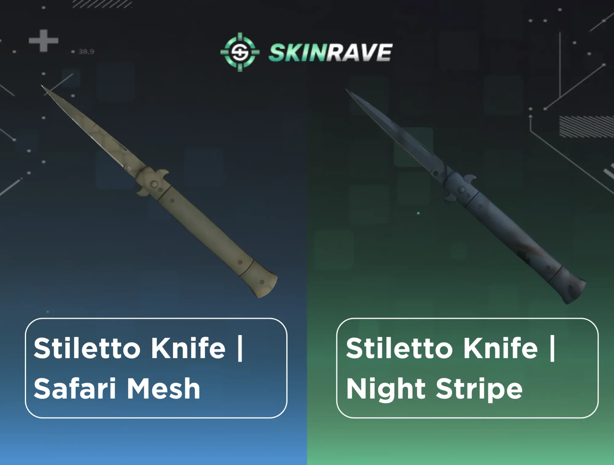 Image comparing the Stiletto Knife in CS2, showing the Safari Mesh on the left and the darker, sleeker Night Stripe skin on the right.