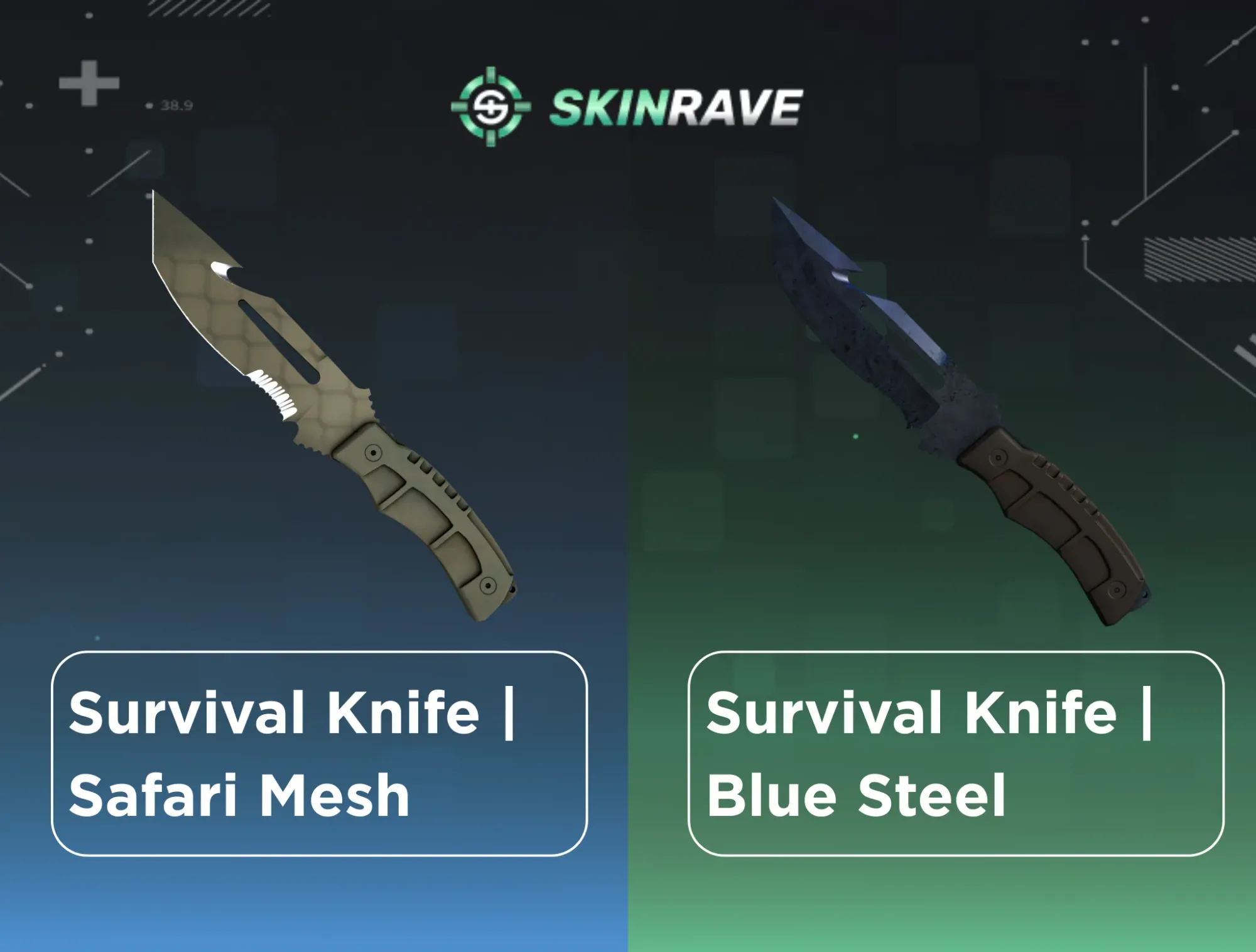 Side-by-side view of the Survival Knife in CS2, contrasting the basic Safari Mesh skin with the premium-looking Blue Steel skin.