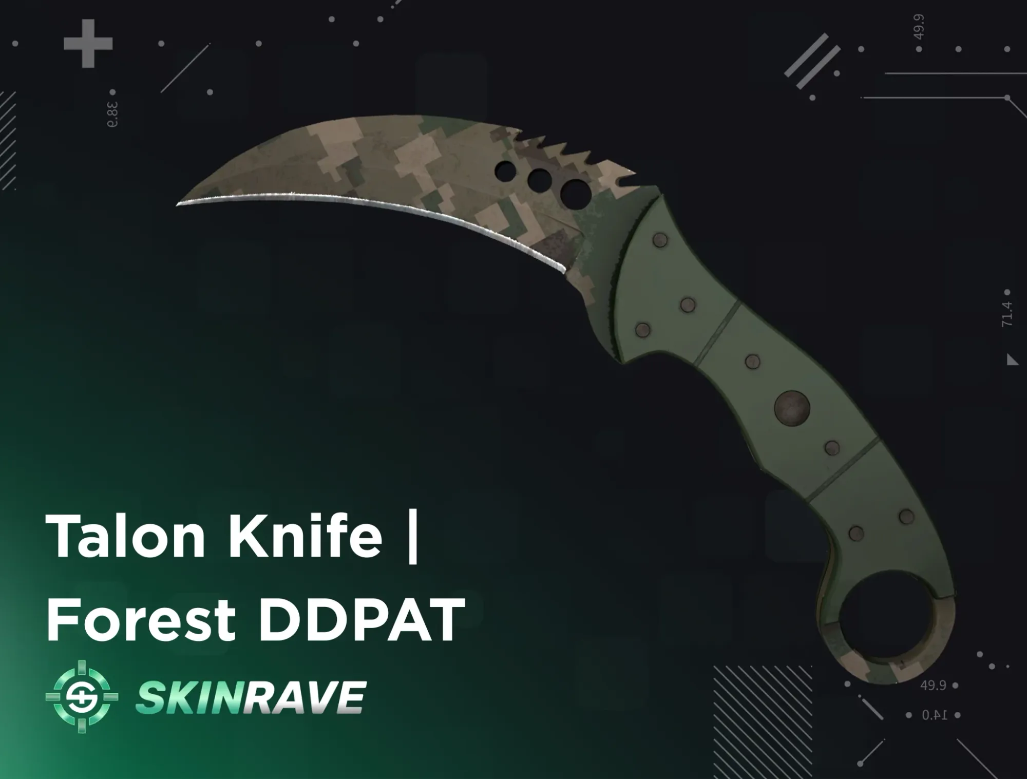 Talon Knife | Forest DDPAT skin in CS2, showing a cheaper, more battle-scarred version with its green and camo like look.