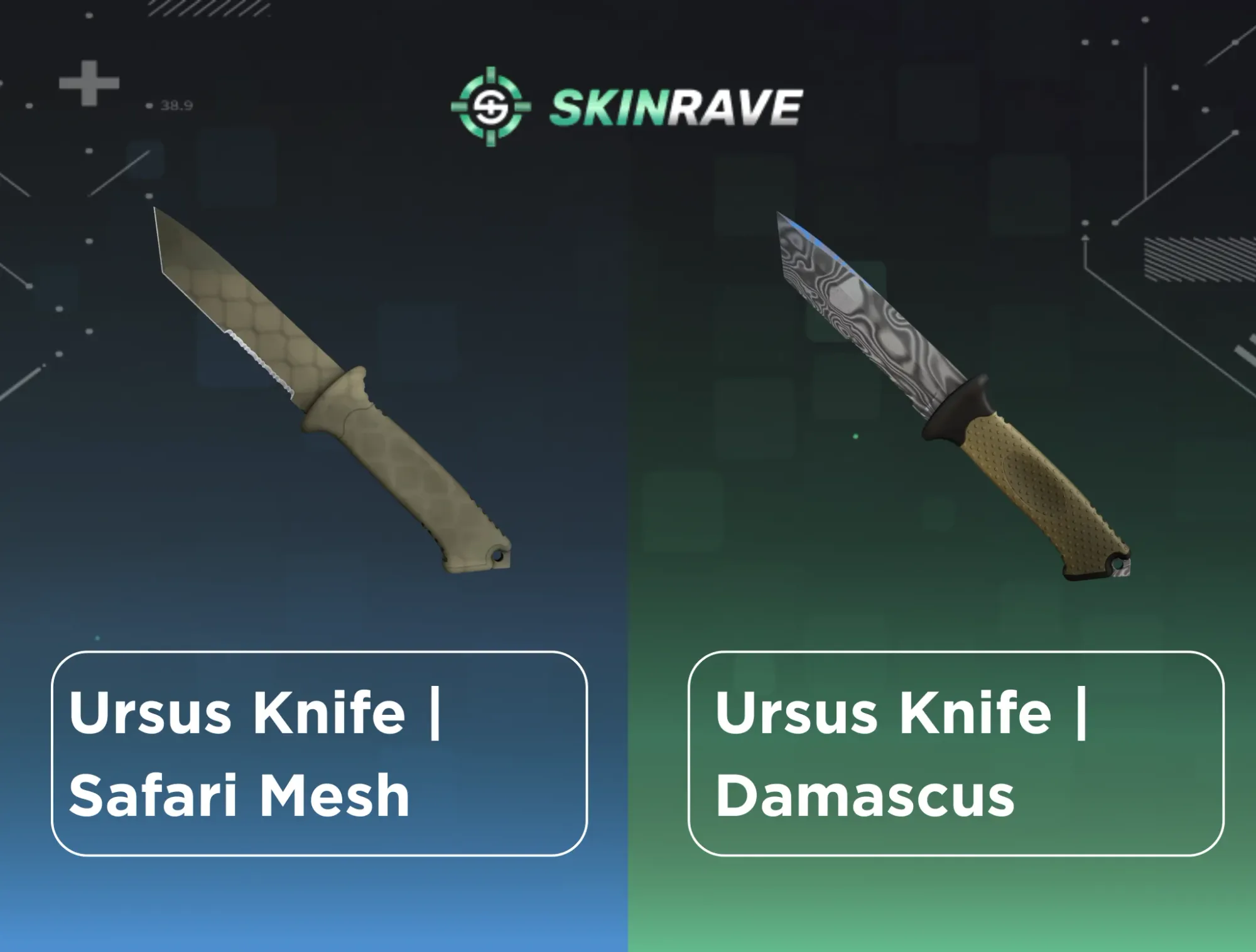 An image comparing two Ursus Knife skins in CS2: the simple Safari Mesh finish on the left and the detailed Damascus Steel with its wavy pattern on the right.