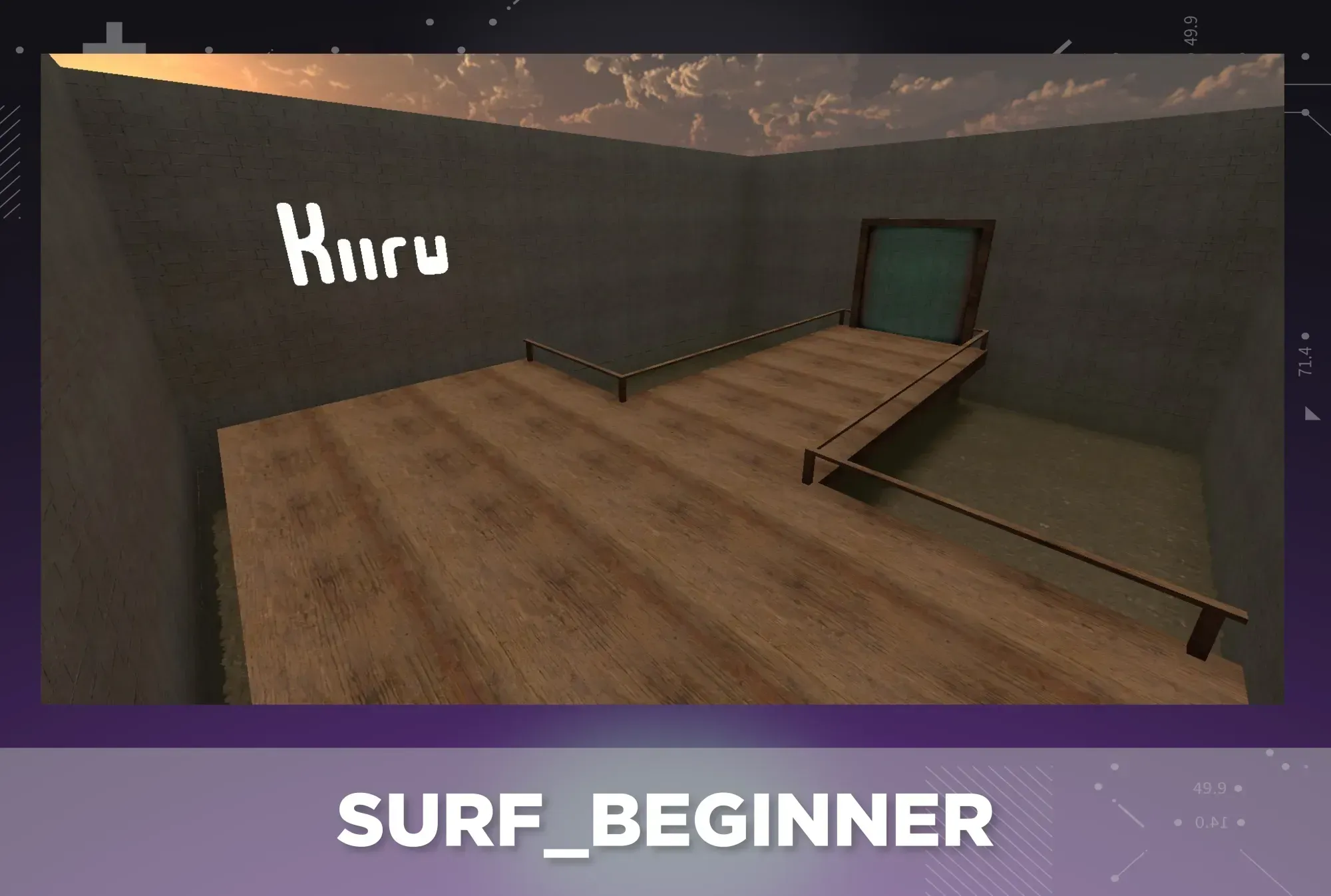 CS2 surf map surf_beginner displayed on a purple tech background