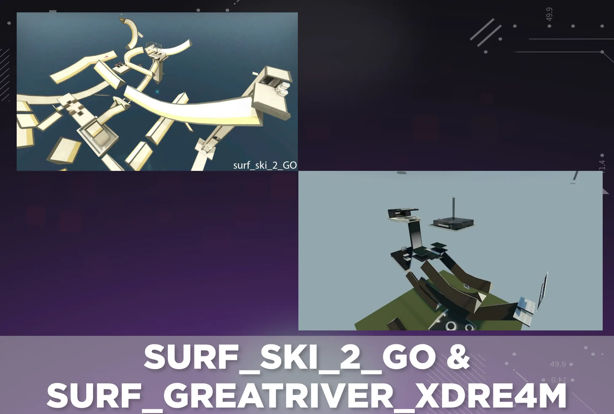 CS2 surf maps Surf_Ski_2_GO and Surf_GreatRiver_xdre4m displayed on a purple tech background