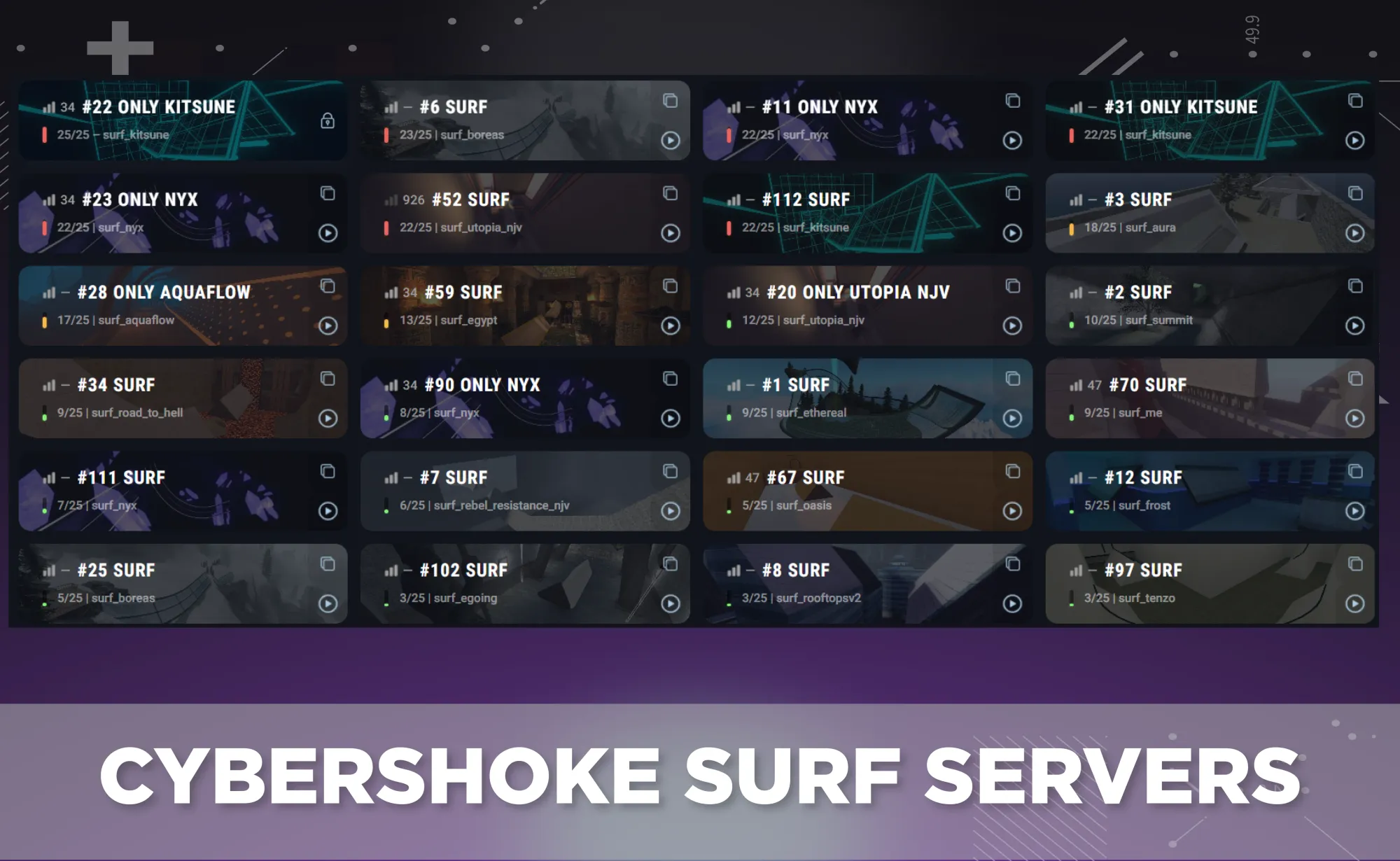 CYBERSHOKE surf map servers displayer on a purple tech background
