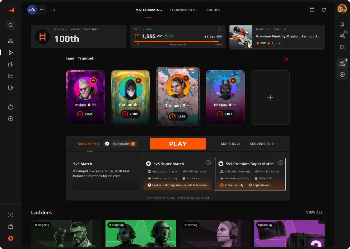 FACEIT menu to start playing a FACEIT match