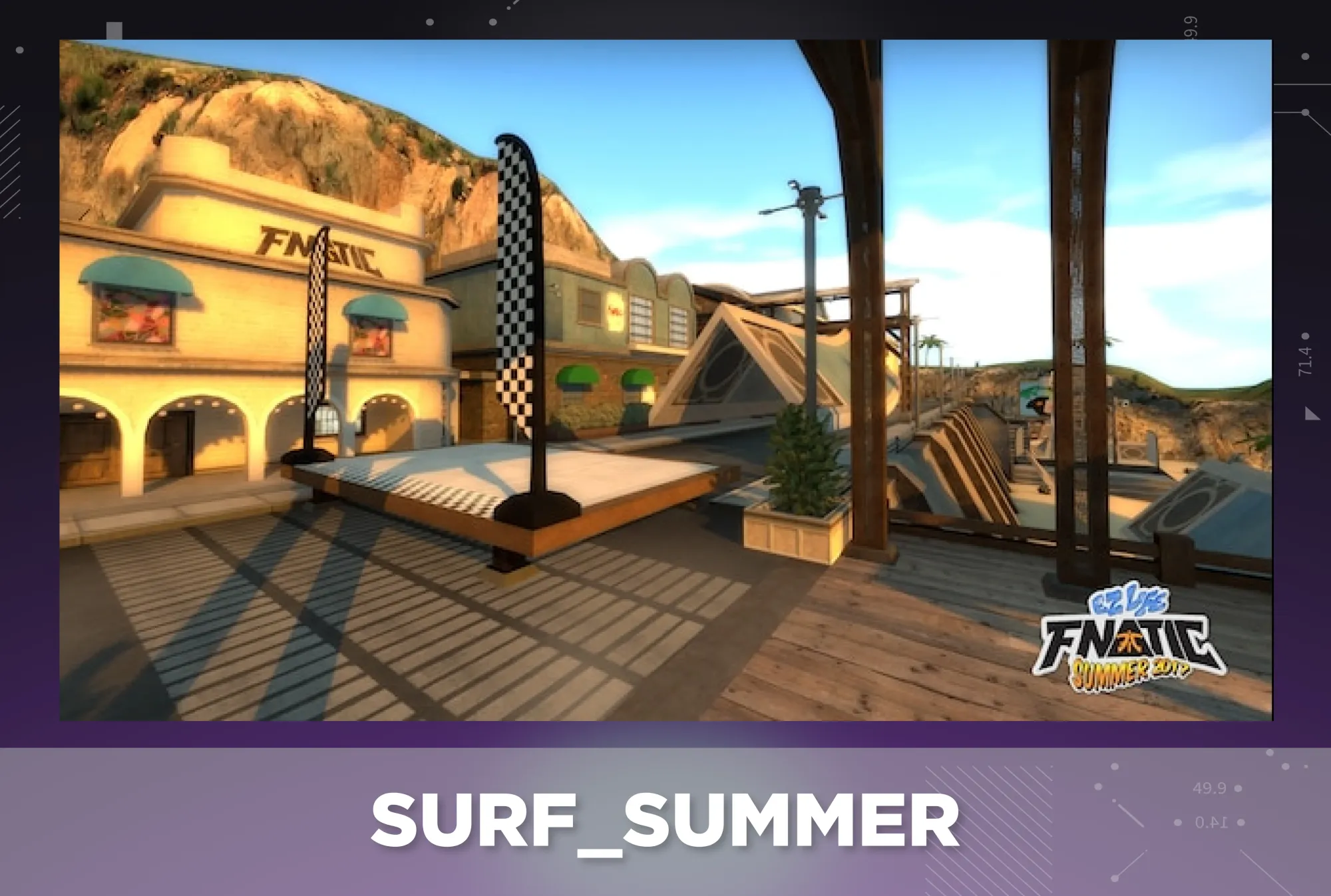 CS2 surf map surf_summer displayed on a purple tech background