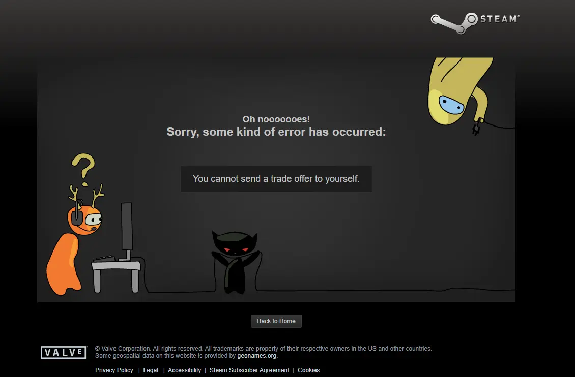 Steam error message showing 'You cannot send a trade offer to yourself' when testing Trade URL in browser. Steam Trade URL verification screen