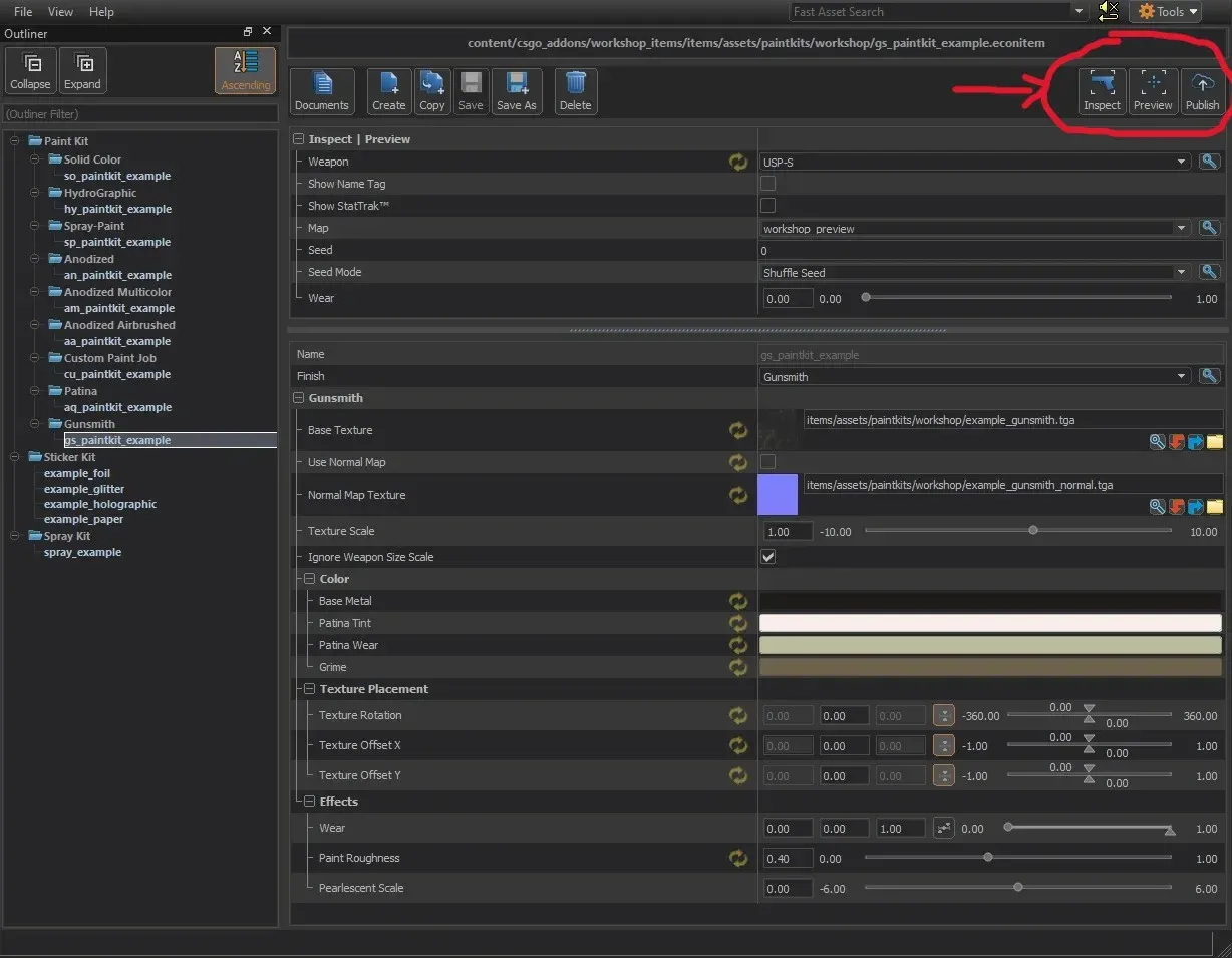 Preview and Inspect buttons on Counter-Strike Workshop Tools