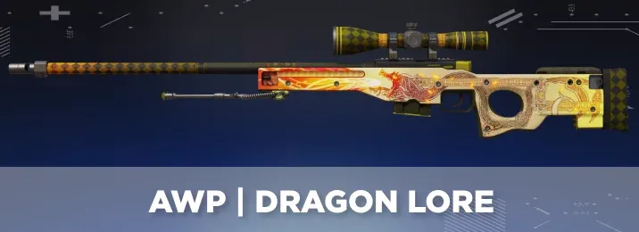 AWP Dragon Lore skin in CS2 showing a fiery dragon over burnt parchment with Celtic golden detailing