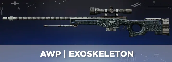 AWP Exoskeleton skin in CS2 with dark gray biomechanical design and bone-like armored structure