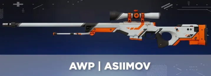 AWP Asiimov skin in CS2 in Field-Tested condition with white base and black orange futuristic accents