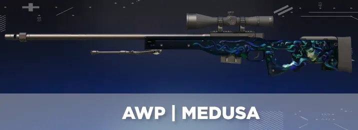 AWP Medusa skin in CS2 featuring the Gorgon's face with glowing eyes and serpent hair across the rifle body
