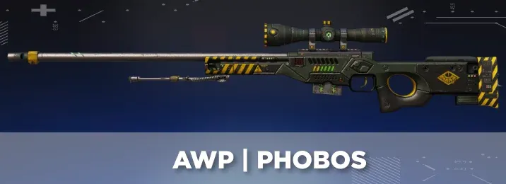 AWP Phobos skin in CS2 with dark green industrial metal plates and yellow black hazard stripe accents