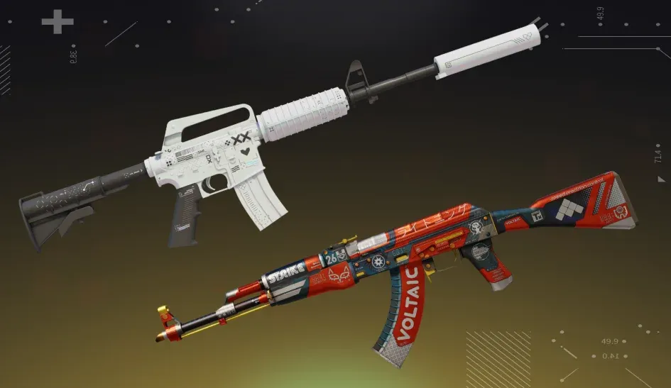 M4A1-S | Printstream and AK-47 | Bloodsport displayed on a black and yellow background.