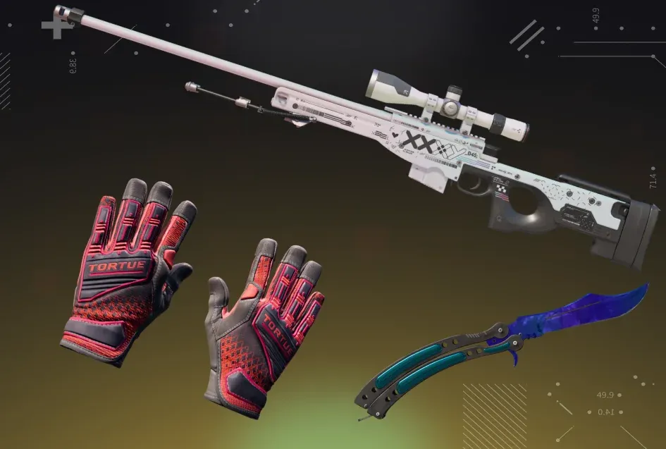 AWP Printstream, Butterfly Knife Sapphire, Specialist Gloves Crimson Kimono displayed on a black and yellow background.