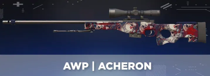 AWP Acheron skin in CS2, one of the cheapest AWP skins featuring radiation skull symbols on a worn beige and gray skeletal background