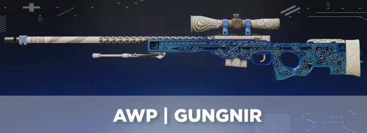 AWP Gungnir skin in CS2 with runic symbols, icy Nordic motifs, and glowing blue inscriptions across the body
