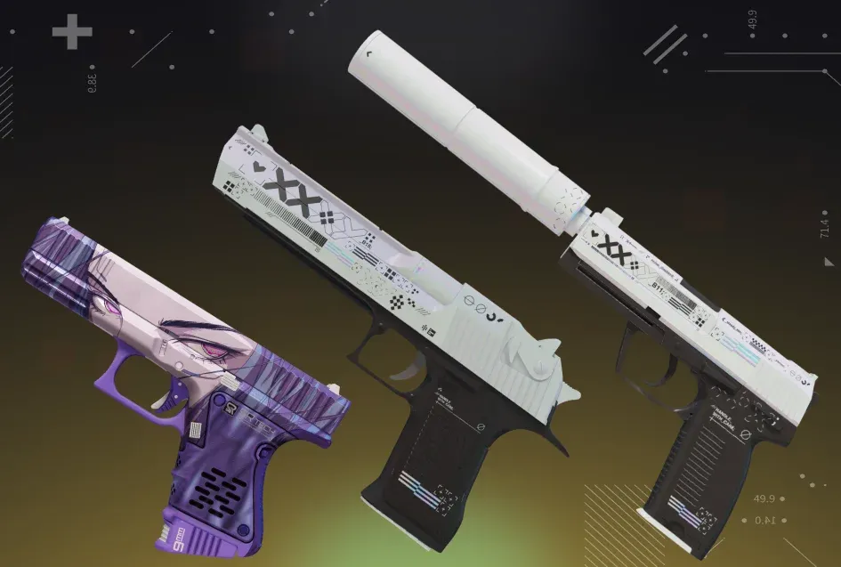 USP-S and Desert Eagle | Printstream, and Glock-18 | Shinobu displayed on a black and yellow background.