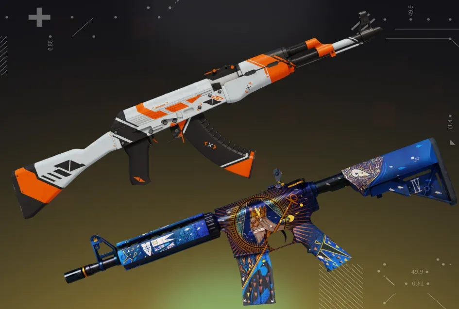 AK-47 | Asiimov and M4A4 | The Emperor displayed on a black and yellow background.