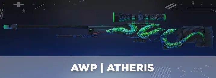 AWP Atheris skin in CS2 showing a hand-painted bush viper snake in green and blue on a black base