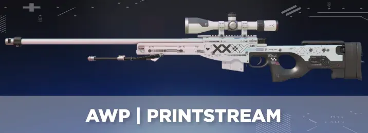 AWP Printstream, one of the most popular and best looking AWP skins in CS2, with black and white pearl finish and shimmering overlay design,