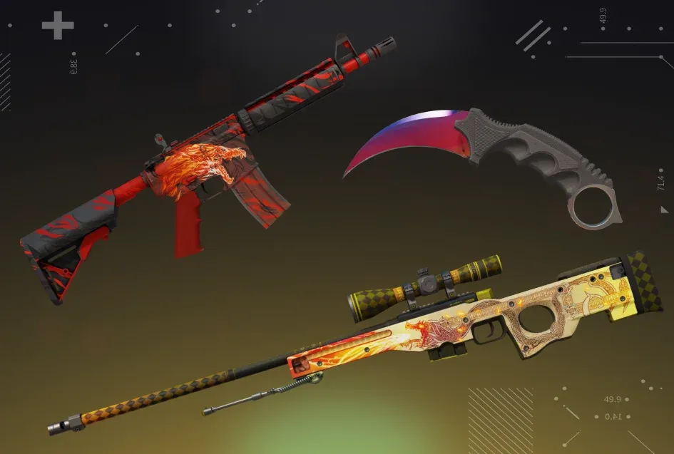 CS2 M4A4 Howl, AWP Dragon Lore, and Karambit Fade displayed on a black and yellow background.